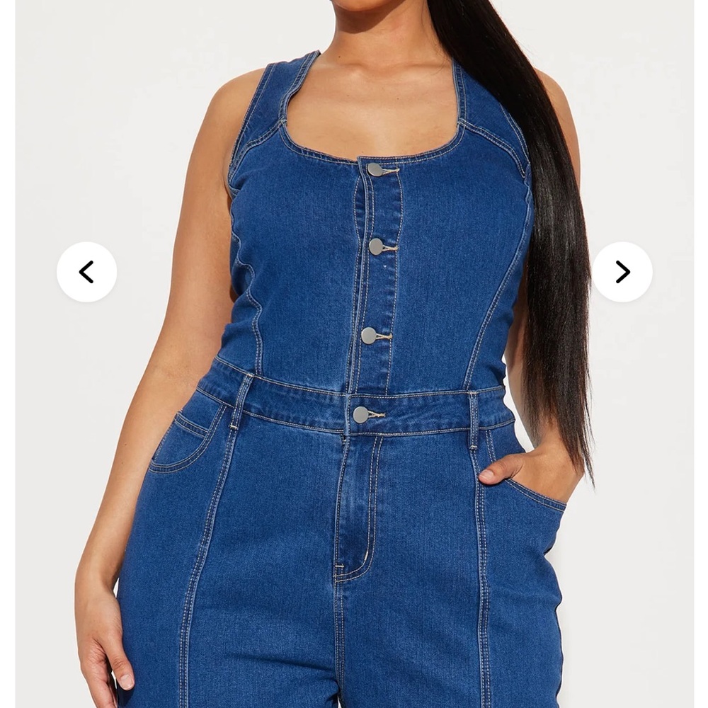 Women's Blue Denim Jumpsuit Wide Leg Jeans - Sleeveless Button Front